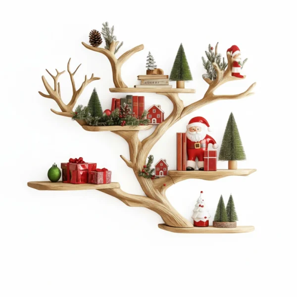 Floating Tree Bookshelf – Mid-Century Wall-Mounted Bookcase, Handmade Xmas Tree Shelf & Rustic Home Decor