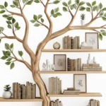 Freestanding Tree Bookshelf - Handcrafted Wooden Sculpture with Leafy Branch Shelves