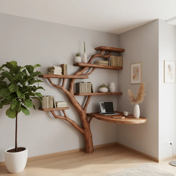 Handcrafted Console Table & Tree-Shaped Bookshelf Set - Solid Wood Artistic Furniture