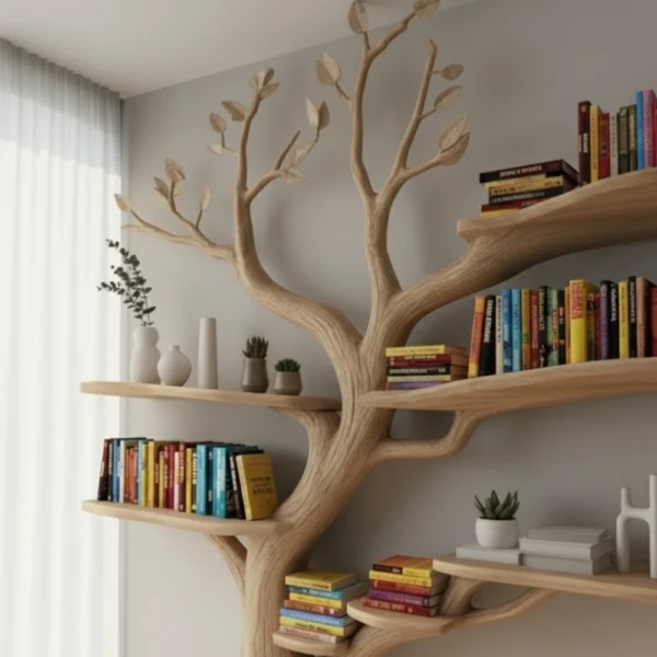 Handcrafted Tree Bookshelf with Cat House