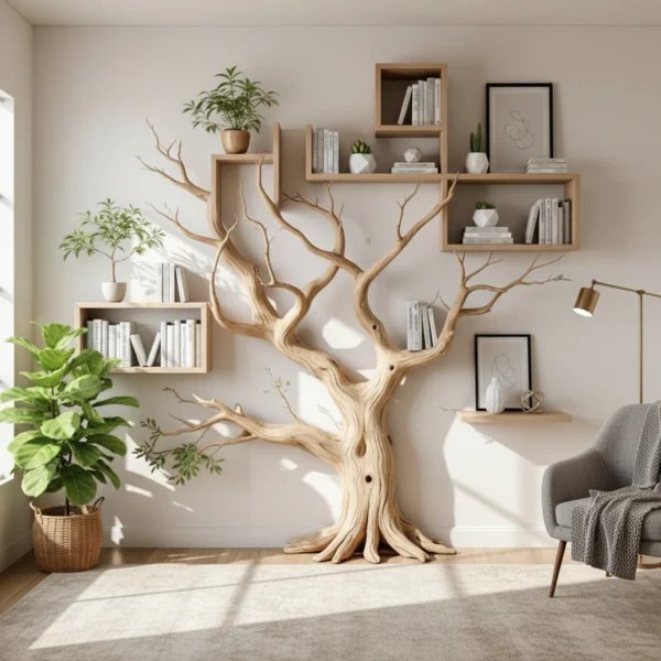 Handcrafted Tree Branch Bookshelf - Rustic Wooden Wall Decor