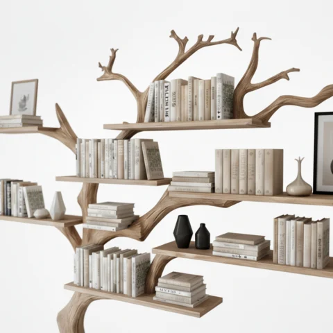 Large Tree-Shaped Wooden Bookshelf – Unique Wall-Mounted Bookcase with Branch Shelves2