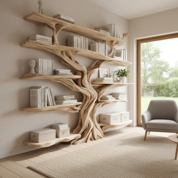 Live Edge Rustic Tree Bookshelf - Handcrafted Solid Wood Statement Piece