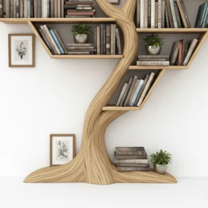 Rustic Tree Bookshelf – Handcrafted Solid Wood Wall-Mounted Display2