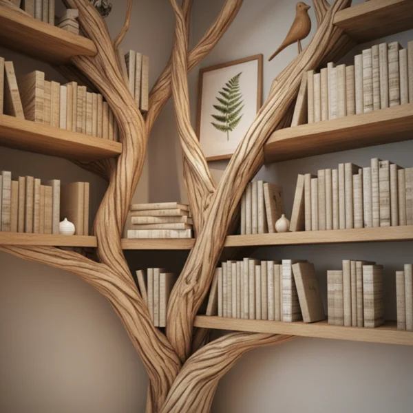 Rustic Tree Branch Floating Corner Shelf with L-Shaped Bench