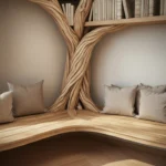 Rustic Tree Branch Floating Corner Shelf with L-Shaped Bench