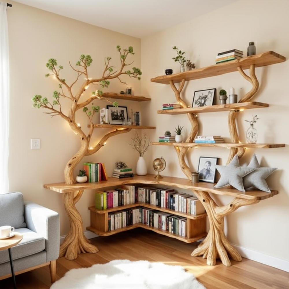 Tree-Inspired Corner Shelf – Handmade Wooden Wall Sculpture with Upcycled Materials4