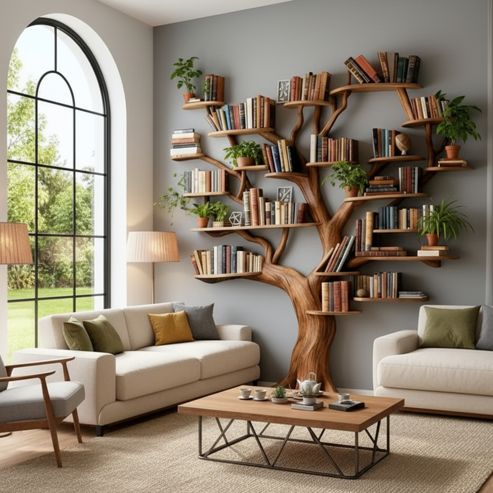 Tree Shaped Bookshelf Handmade from Natural Wood Unique Furniture for Home and Office Decor4