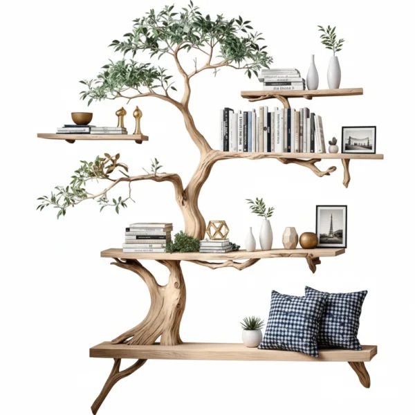 Tree-Shaped Wooden Bookshelf – Handmade Solid Wood Shelf For Interior Decoration
