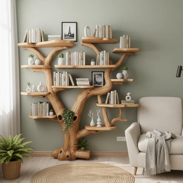 Wall-Mounted Tree Bookshelf - Handcrafted Vertical Wooden Bookcase Unique Modern Home Decor Gift